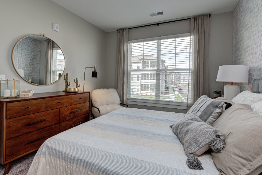 Model bedroom in Carmel apartment